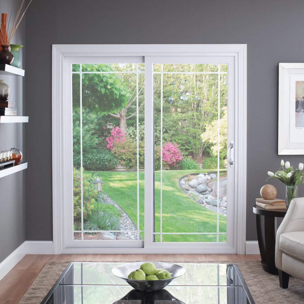 Contemporary style sliding patio door with prairie grids.